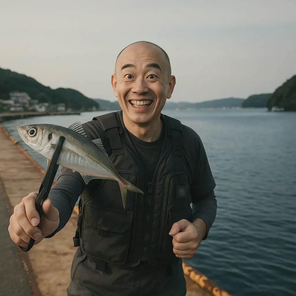 釣り公園 佐助屋でアジの釣果を得たがんだま君.webp